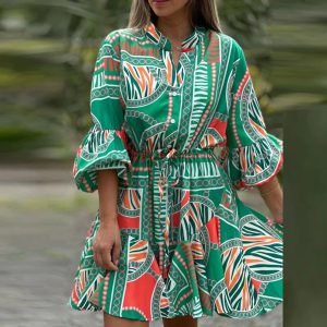 Waist Lace-Up Boho Retro Flare Sleeve Geometric Print Stitching Ruffle Mini Dress - Image 3