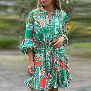 Waist Lace-Up Boho Retro Flare Sleeve Geometric Print Stitching Ruffle Mini Dress - Image 4
