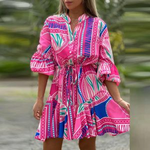 Waist Lace-Up Boho Retro Flare Sleeve Geometric Print Stitching Ruffle Mini Dress - Image 2