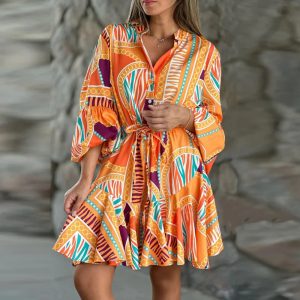 Waist Lace-Up Boho Retro Flare Sleeve Geometric Print Stitching Ruffle Mini Dress - Image 5