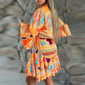 Waist Lace-Up Boho Retro Flare Sleeve Geometric Print Stitching Ruffle Mini Dress - Image 6