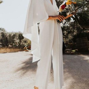 Wedding Jumpsuit A-Line V-Neck Half Sleeves Bridal Jumpsuits
