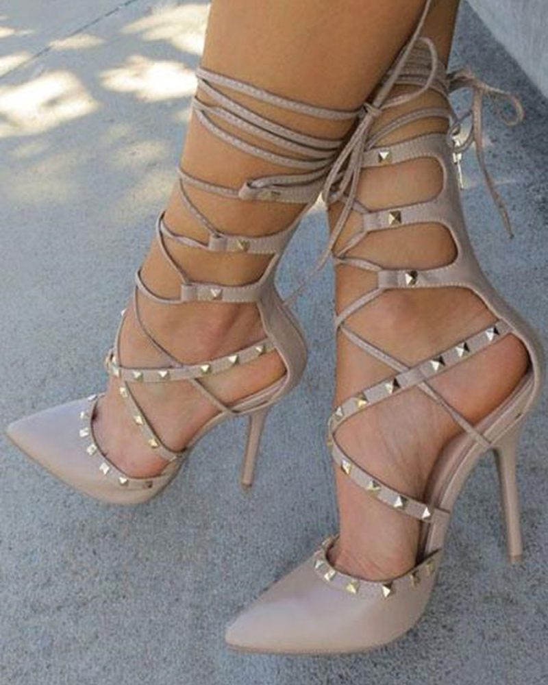 Women High Heels Pointed Toe Rivets Lace Up Pumps