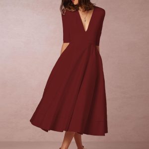 Plunge Midi Dress Half Sleeves Pockets A-Line Prom Dresses