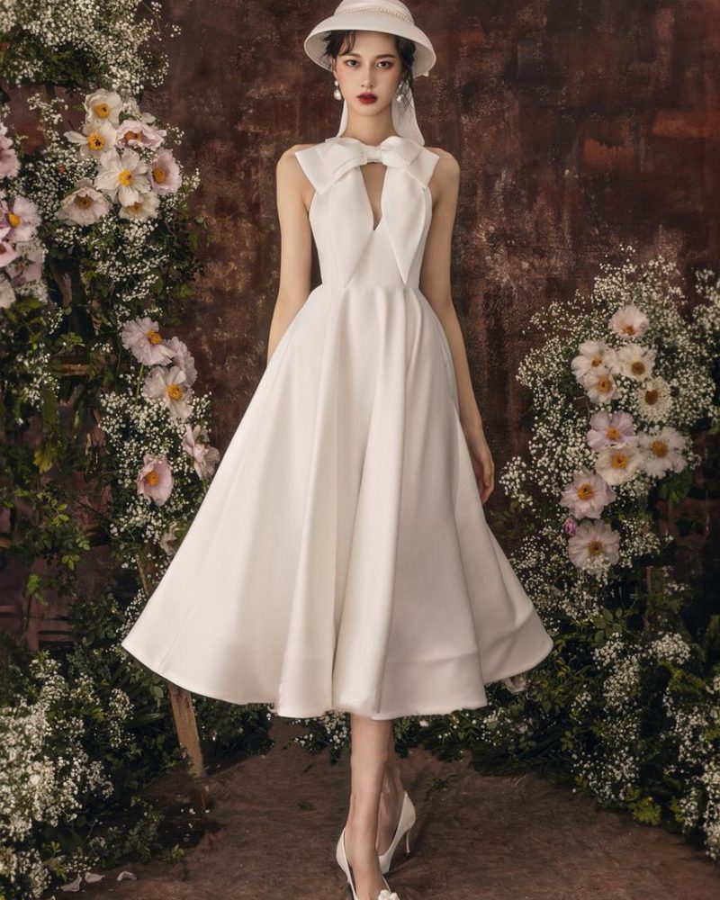 Bows Midi Dress Cutout A-Line Elegant Prom Dresses In White