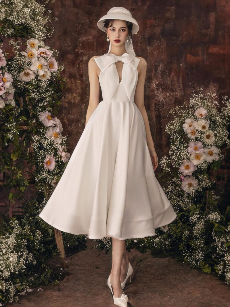 Bows Midi Dress Cutout A-Line Elegant Prom Dresses In White
