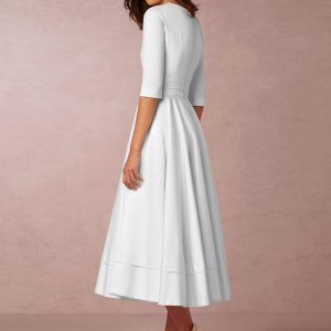 Plunge Midi Dress Half Sleeves Pockets A-Line Prom Dresses