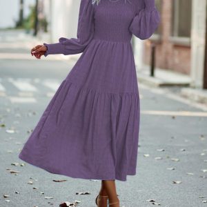 Pleated Midi Dress Lantern Sleeves Cuffs Layering Day Dresses