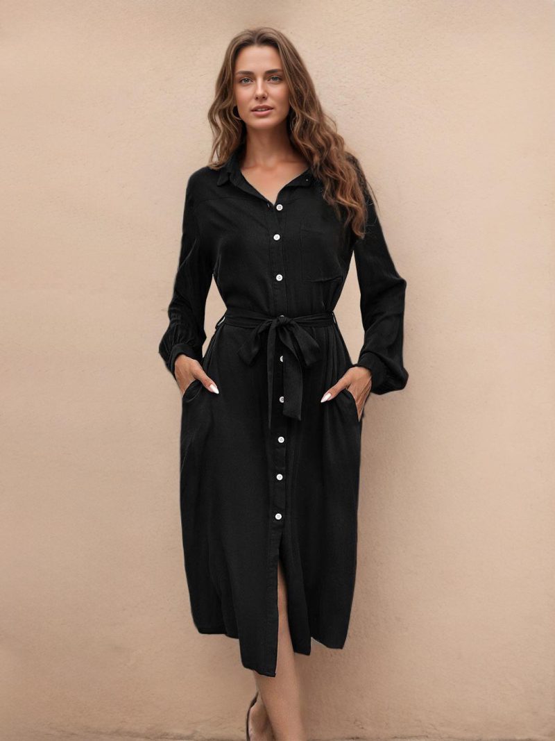 Shirt Dress Long Sleeves Front Buttons Belted Midi Dresses