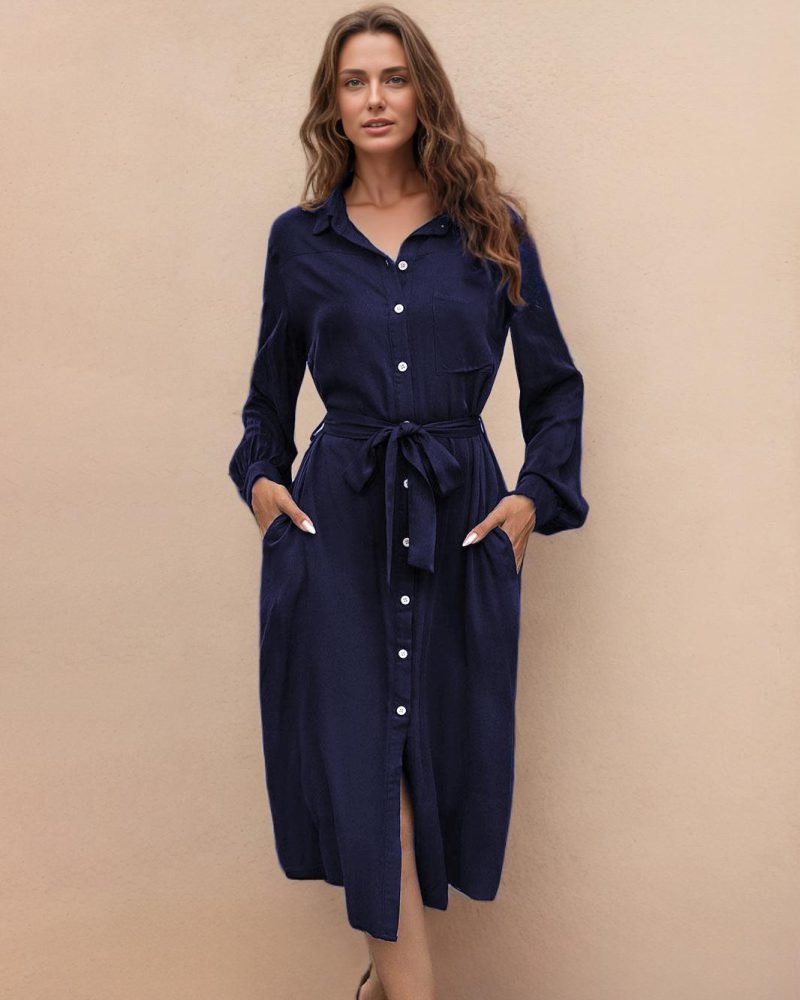 Shirt Dress Long Sleeves Front Buttons Belted Midi Dresses
