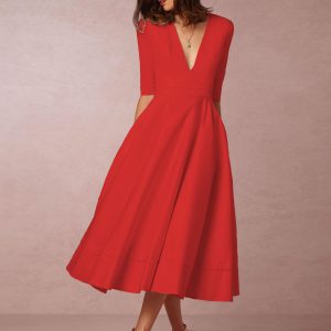 Plunge Midi Dress Half Sleeves Pockets A-Line Prom Dresses