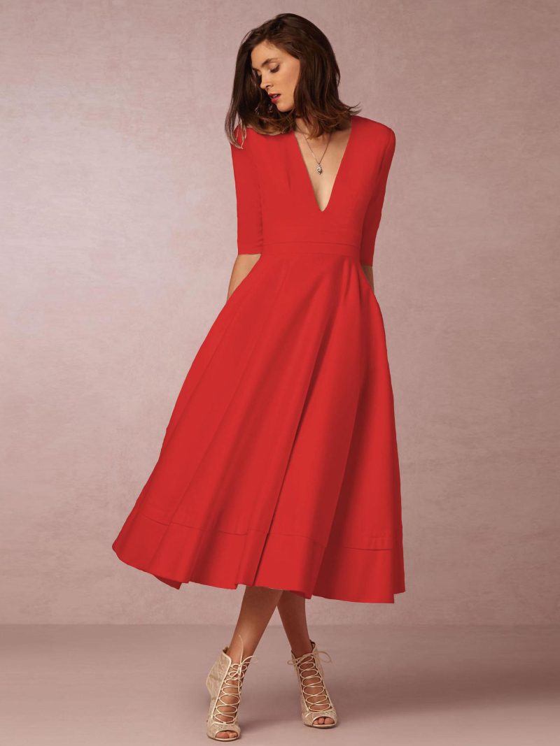 Plunge Midi Dress Half Sleeves Pockets A-Line Prom Dresses
