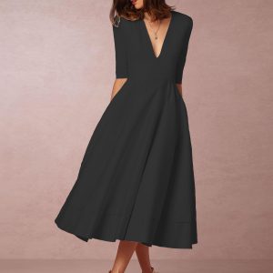 Plunge Midi Dress Half Sleeves Pockets A-Line Prom Dresses