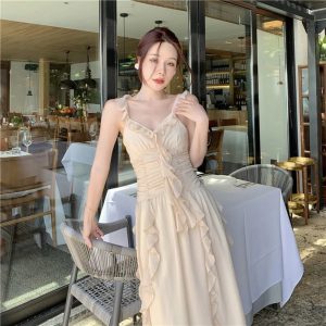 sling ruffle edge chiffon backless V-neck charming beach medium long dresses - Image 2