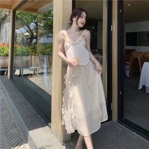 sling ruffle edge chiffon backless V-neck charming beach medium long dresses