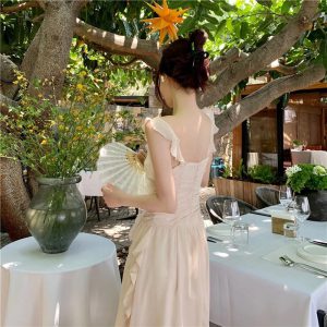 sling ruffle edge chiffon backless V-neck charming beach medium long dresses - Image 4