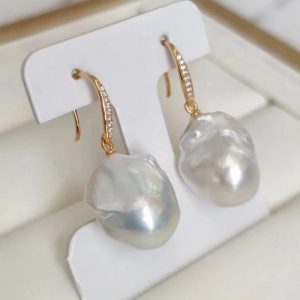 14K Gold Filled Zircon Inlaid Baroque White Pearl Drop Earrings - Image 2