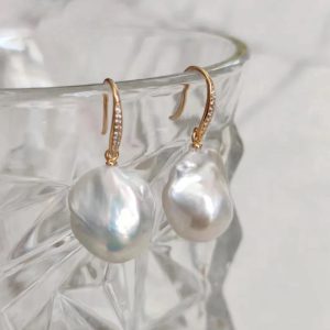 14K Gold Filled Zircon Inlaid Baroque White Pearl Drop Earrings - Image 3