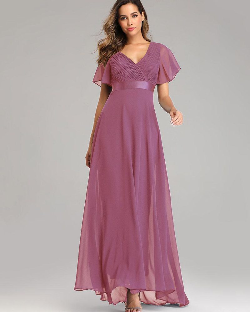 Chiffon Prom Dresses V-Neck Short Sleeves Semi Formal Maxi Dress