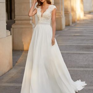 Boho Wedding Dress Chiffon Lace Sweep Sleeveless V-Neck - Image 2