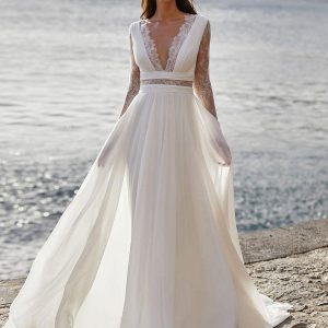 Boho Wedding Dress Sweep Long Sleeves V-Neck Bridal Dress