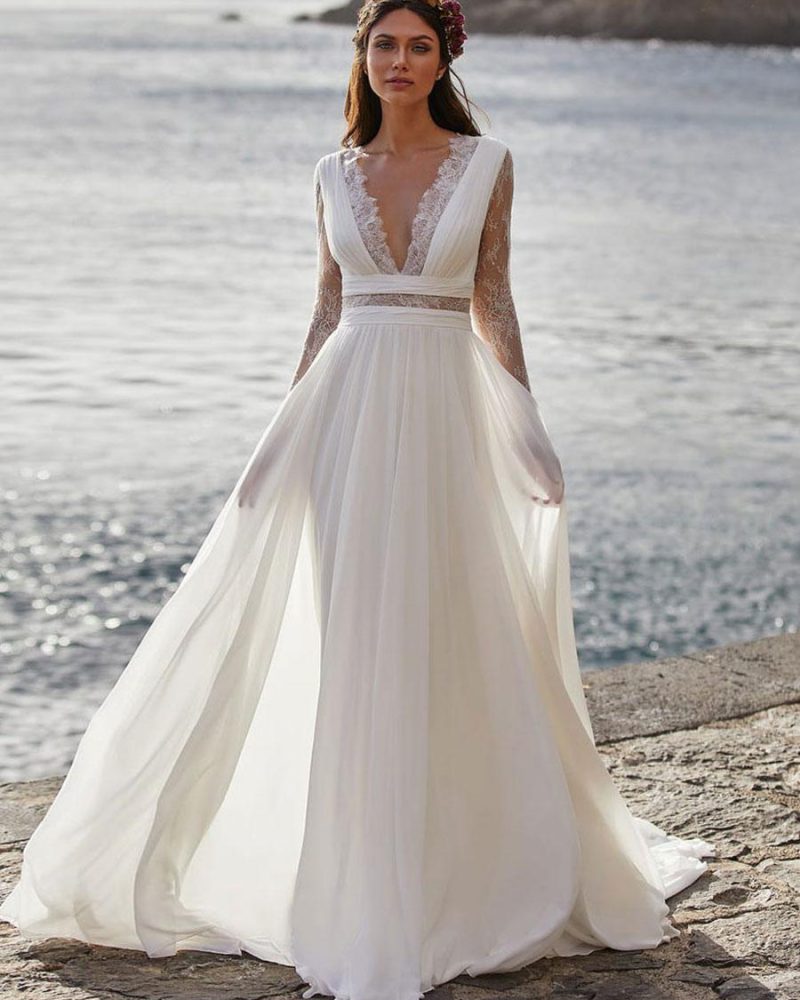Boho Wedding Dress Sweep Long Sleeves V-Neck Bridal Dress