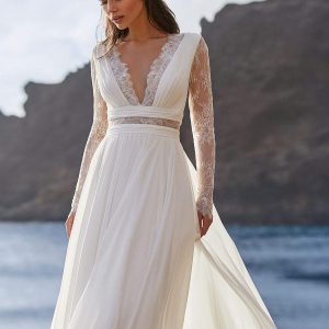 Boho Wedding Dress Sweep Long Sleeves V-Neck Bridal Dress - Image 2