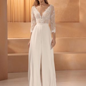 Bridal Jumpsuit Lace Floor-Length Jumpsuit V-Neck Natural Waist