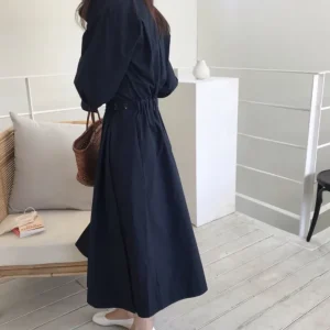 Chic Midi Shirt Dress Button Turndown Neck Slim Belt A-line Casual Dress Elegant Clothes - Image 6