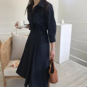 Chic Midi Shirt Dress Button Turndown Neck Slim Belt A-line Casual Dress Elegant Clothes - Image 7
