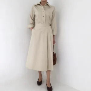 Chic Midi Shirt Dress Button Turndown Neck Slim Belt A-line Casual Dress Elegant Clothes - Image 3