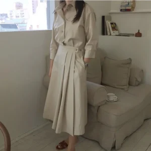 Chic Midi Shirt Dress Button Turndown Neck Slim Belt A-line Casual Dress Elegant Clothes - Image 4