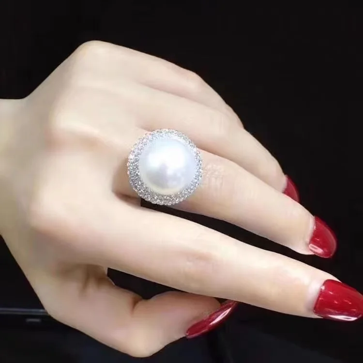 Double Layer Zircon Sunflower Freshwater Round Natural Pearl White Ring