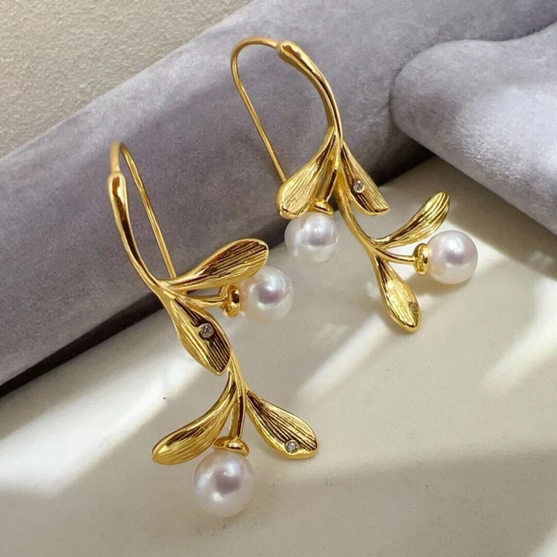 Elegant Olive Branch Pearl Ear Hook Akoya Pearl Earrings Brushed Vintage Style