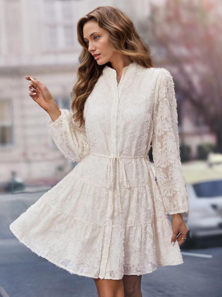 Floral Embroidery Dress Buttons Belted Casual Short Dresses