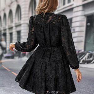 Floral Embroidery Dress Buttons Belted Casual Short Dresses - Image 3