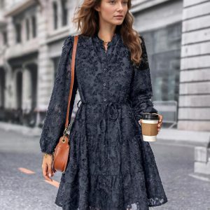 Floral Embroidery Dress Buttons Belted Casual Short Dresses - Image 4