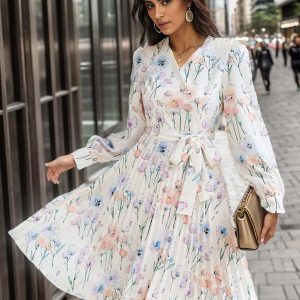 Floral Midi Dress Chic Irregular Sash Zipper No Open Seam Knee Length