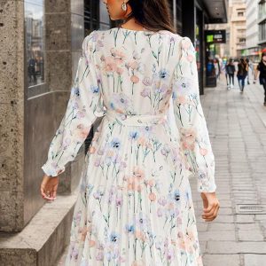 Floral Midi Dress Chic Irregular Sash Zipper No Open Seam Knee Length - Image 3
