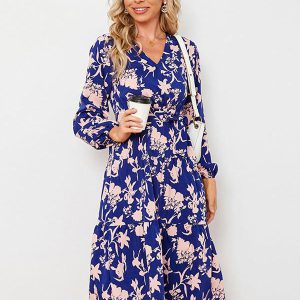 Floral Print Casual V-Neck Long Sleeves Midi Dress