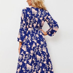 Floral Print Casual V-Neck Long Sleeves Midi Dress - Image 2