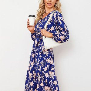Floral Print Casual V-Neck Long Sleeves Midi Dress - Image 4