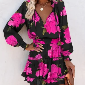 Floral Print Long Sleeve Ruffle Mini Waist Dress