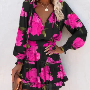 Floral Print Long Sleeve Ruffle Mini Waist Dress - Image 2