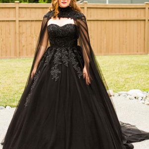 Gothic Black Wedding Dresses A-Line Backless Lace-Up With Train Bridal Dress