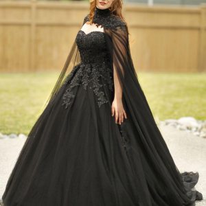 Gothic Black Wedding Dresses A-Line Backless Lace-Up With Train Bridal Dress - Image 3
