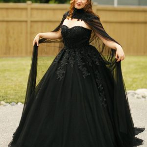 Gothic Black Wedding Dresses A-Line Backless Lace-Up With Train Bridal Dress - Image 4