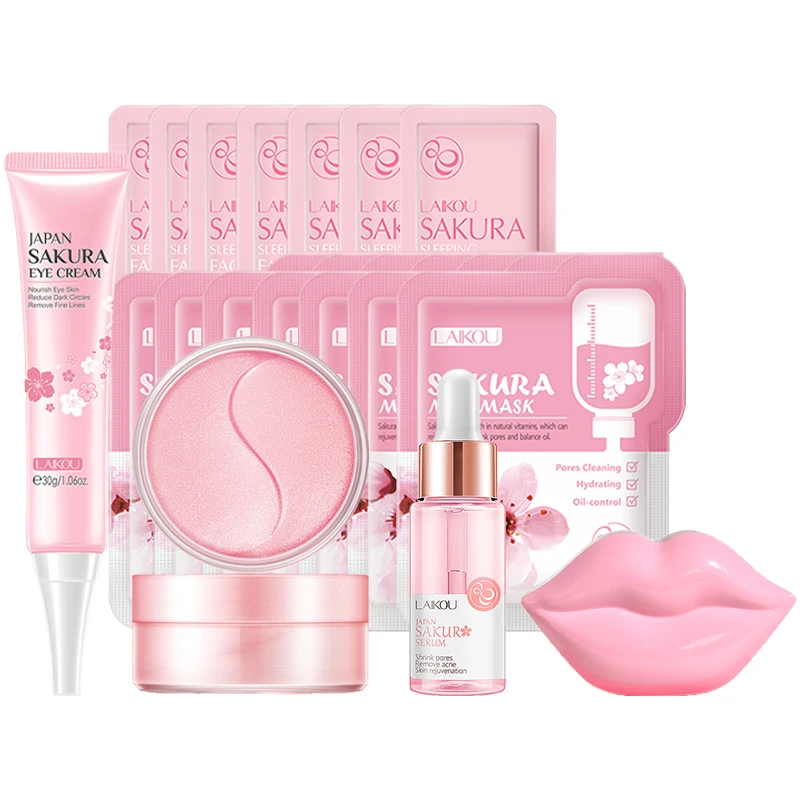 LAIKOU Sakura Facial Cleansing Skincare Set Whitening Moisturize Beauty Health Eye Mask Lip Mask Products Kit