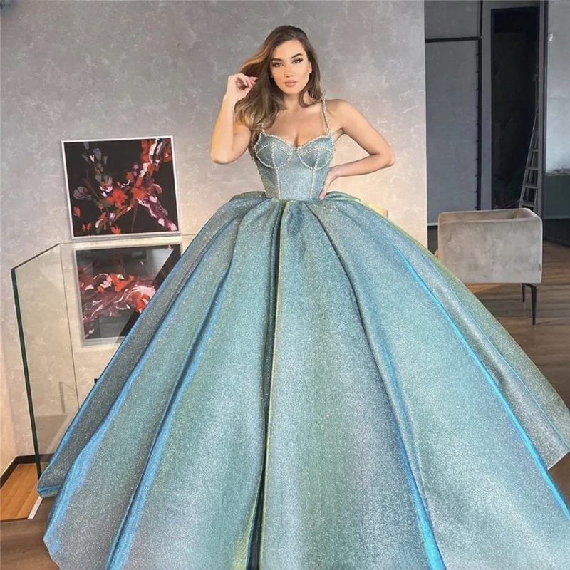 Luxury Princess Glitter Wedding Dress Spaghetti Straps Lace Up Bridal Gown