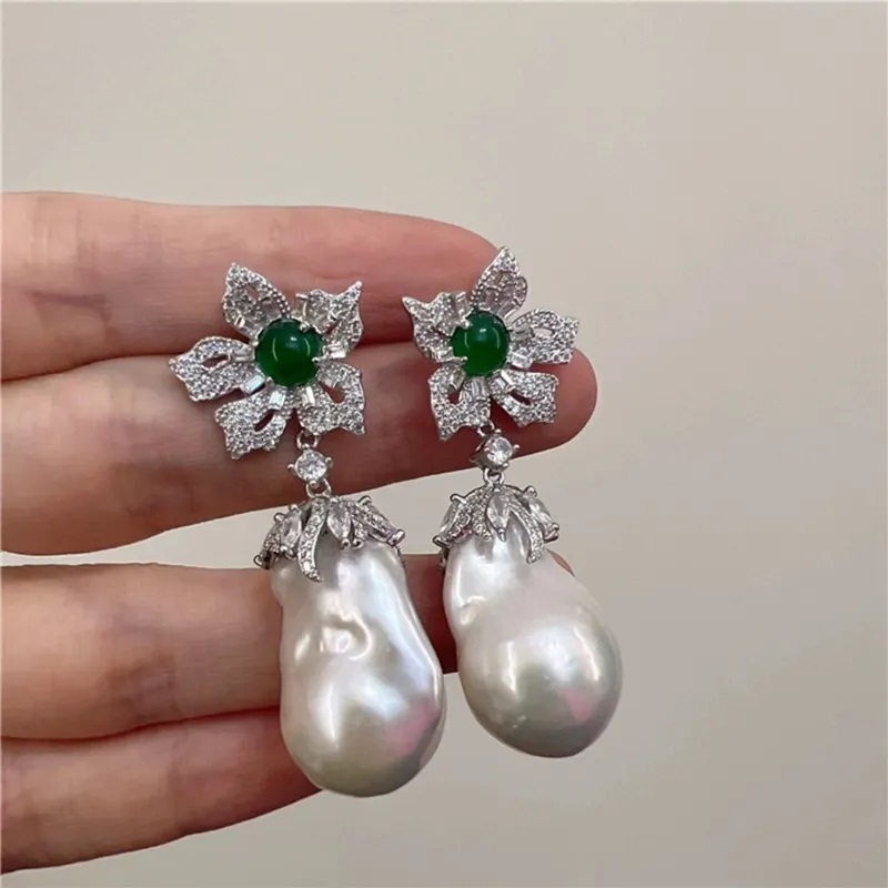 Natural Fresh Water Baroque Inlaid Diamond Irregular Shaped Pearl Earrings Luxury